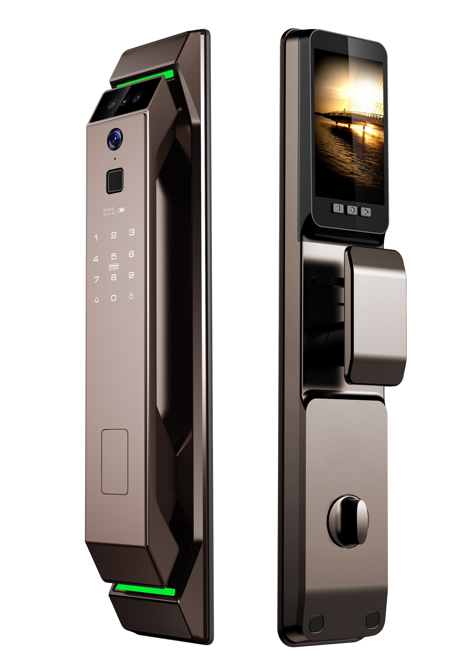 Automations Smart V2 smart lock in Bronze, angled front and rear view