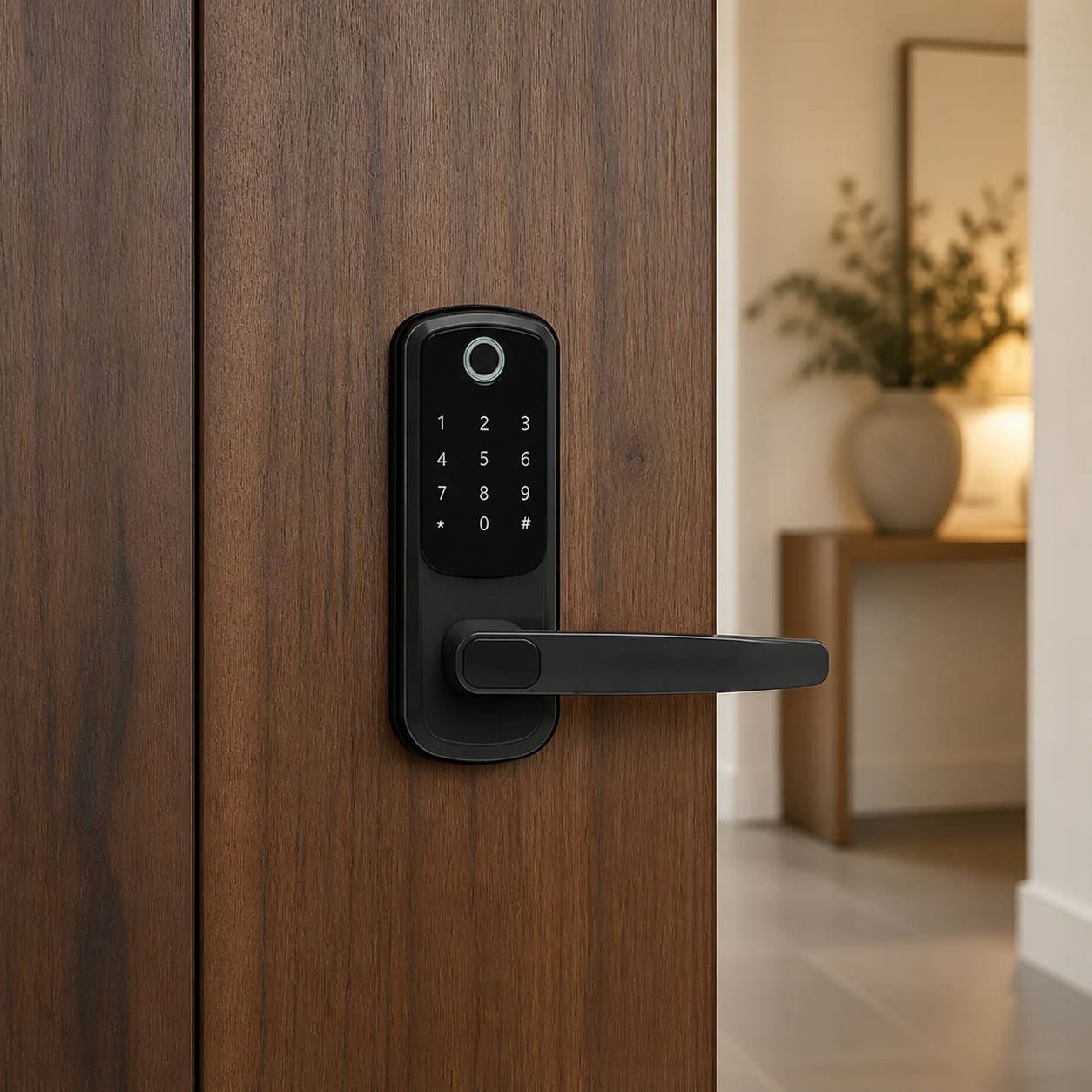 Automations Smart V2 Mini smart lock installed on a warm walnut entry door