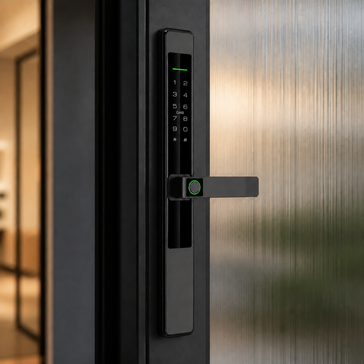 Automations Smart V3 Slim smart lock installed on a black aluminium framed glass door