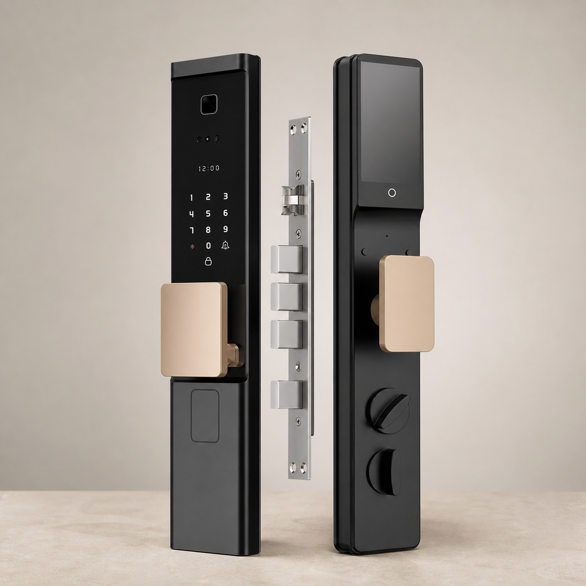 Automations Smart V5 Rose Gold smart lock exterior and interior panels in a premium studio setting