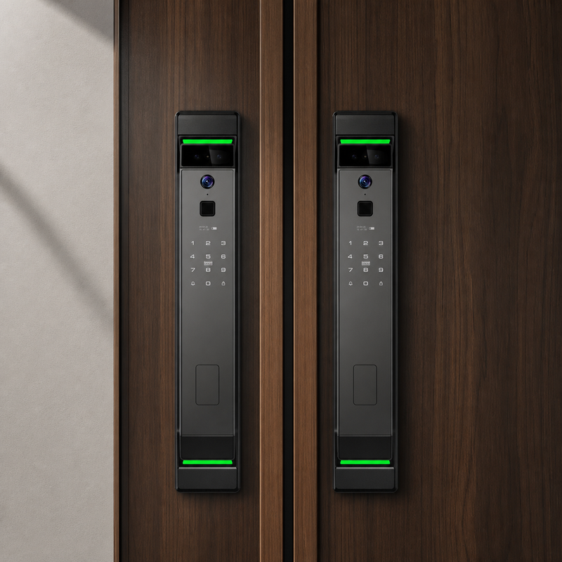 Two black V2 smart locks installed on matching timber doors