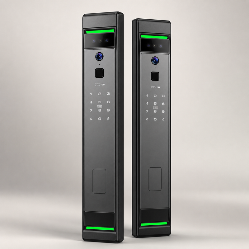 Two identical black V2 smart locks arranged as a matching two-lock bundle