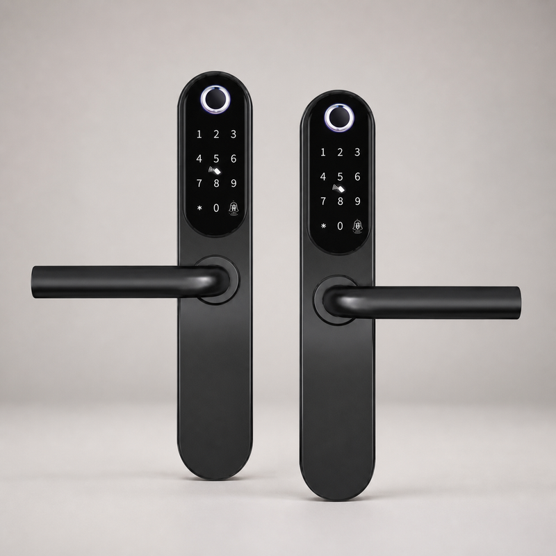 Two identical black V3 Ultra Stainless Steel smart locks arranged as a two-lock bundle