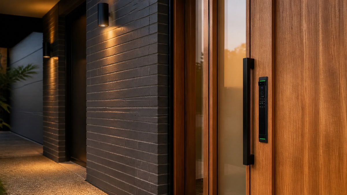 V2 Smart Lock installed on a modern timber entrance at dusk