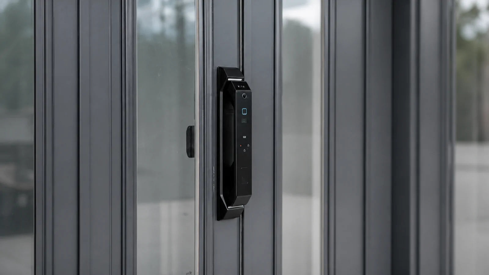 Black V2 smart lock installed on a modern grey glazed door